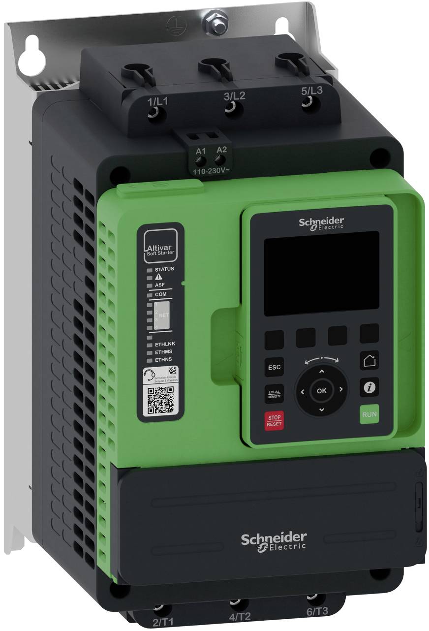 Grüner Schneider Electric Frequenzumrichter mit schwarzem Bedienfeld, Display, Tasten und Anschlussbezeichnungen auf einer Metallmontagebasis.