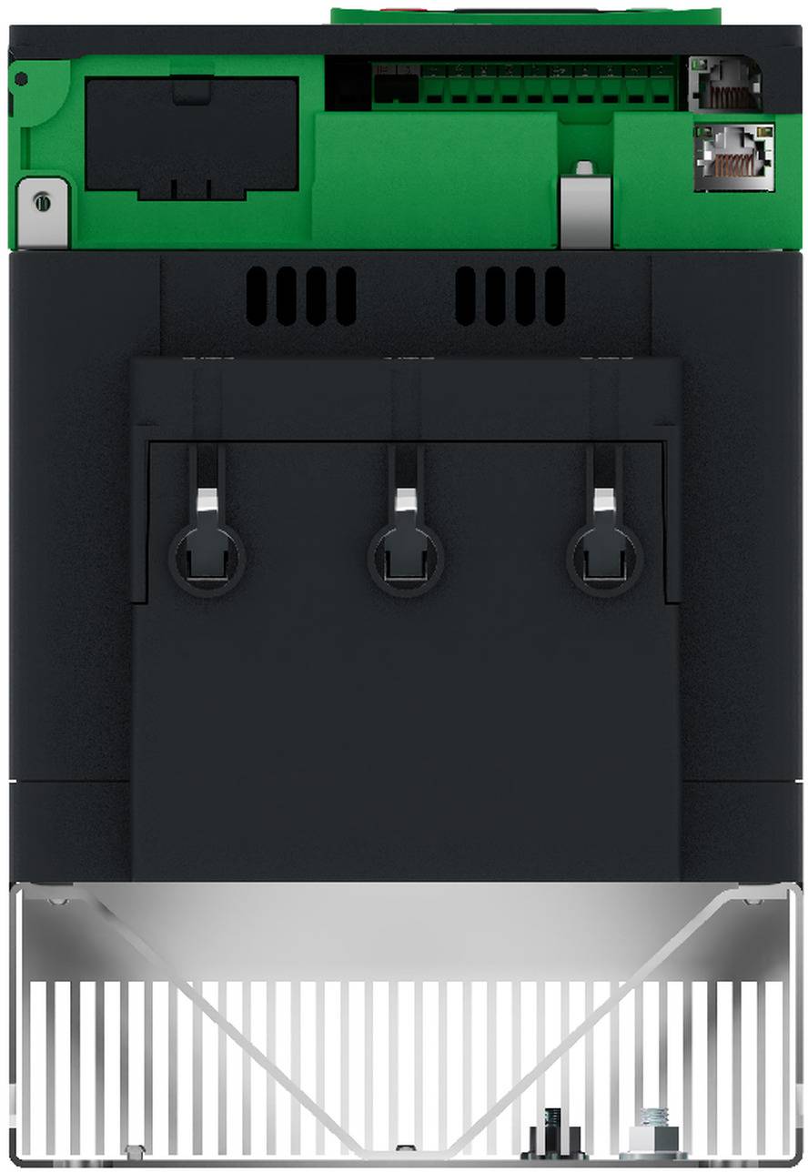 Nahaufnahme der Rückseite eines schwarz-grünen elektronischen Geräts oder Moduls mit Anschlussanschlüssen, Lüftungsöffnungen und einem durchsichtigen unteren Bereich mit gestreiften inneren Komponenten.