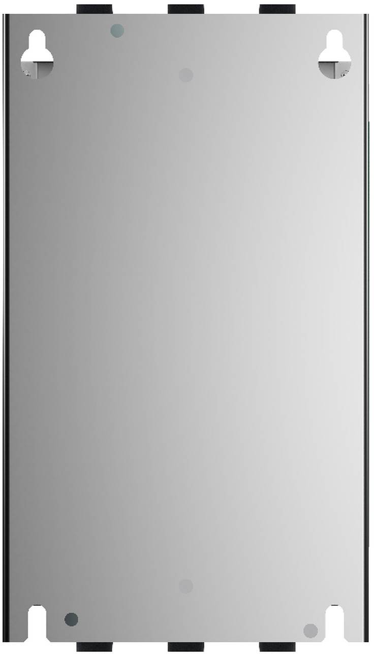 Flaches graues Metallblech mit Befestigungslaschen und Schraubenlöchern, Vorderansicht auf weißem Hintergrund.