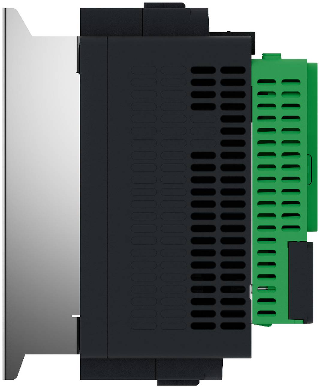 Schwarzes und grünes industrielles elektronisches Modul mit Lüftungsschlitzen und Seitenverbindern, gezeigt vor weißem Hintergrund.
