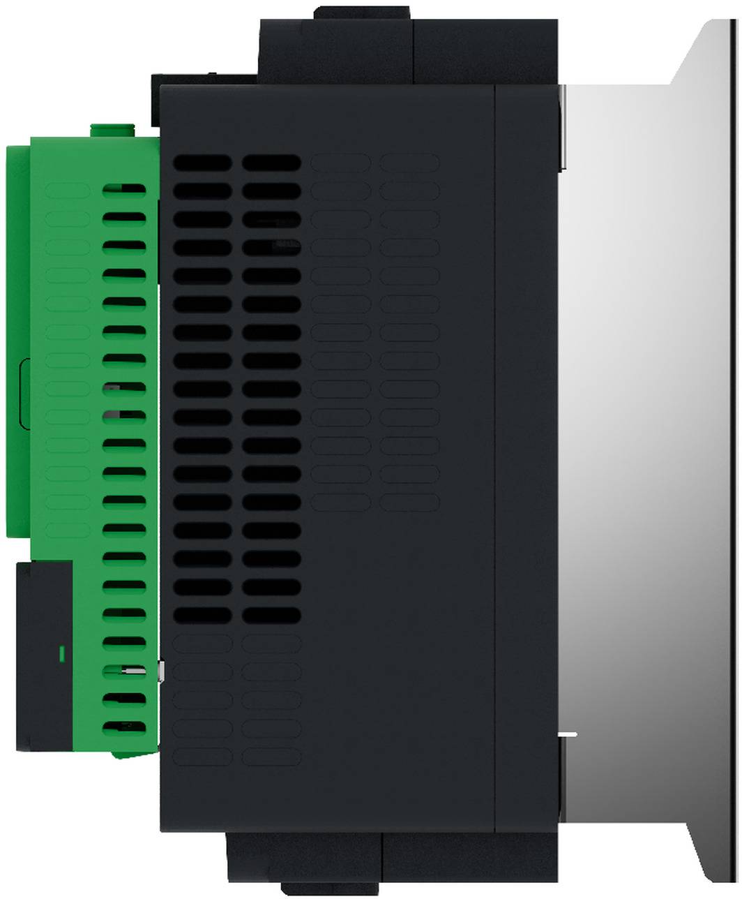 Seitenansicht einer modularen elektronischen Steuereinheit mit schwarzem, grünem und silbernem Gehäuse, mit Belüftungsschlitzen und Befestigungslaschen.