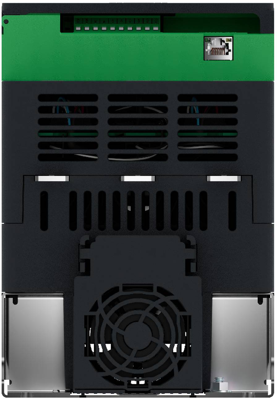 Rückansicht eines grün-schwarzen elektronischen Geräts mit Belüftungsschlitzen, Ethernet-Anschluss und Kühlerlüftergitter.