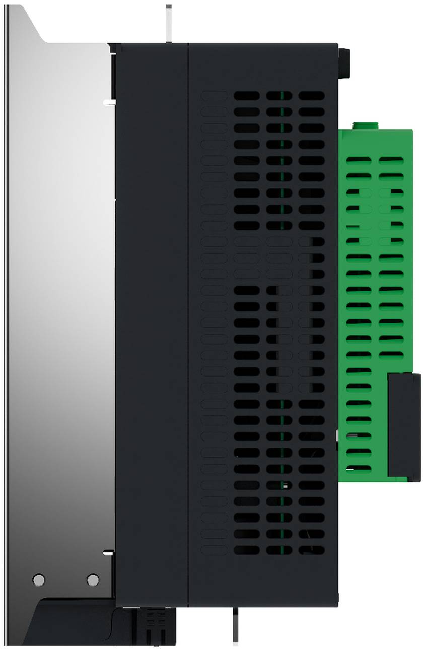 Seitenansicht eines schwarzsilbernen elektronischen Moduls mit Lüftungsschlitzen und einer grünen Leiterplatte, die auf der rechten Seite herausragt.