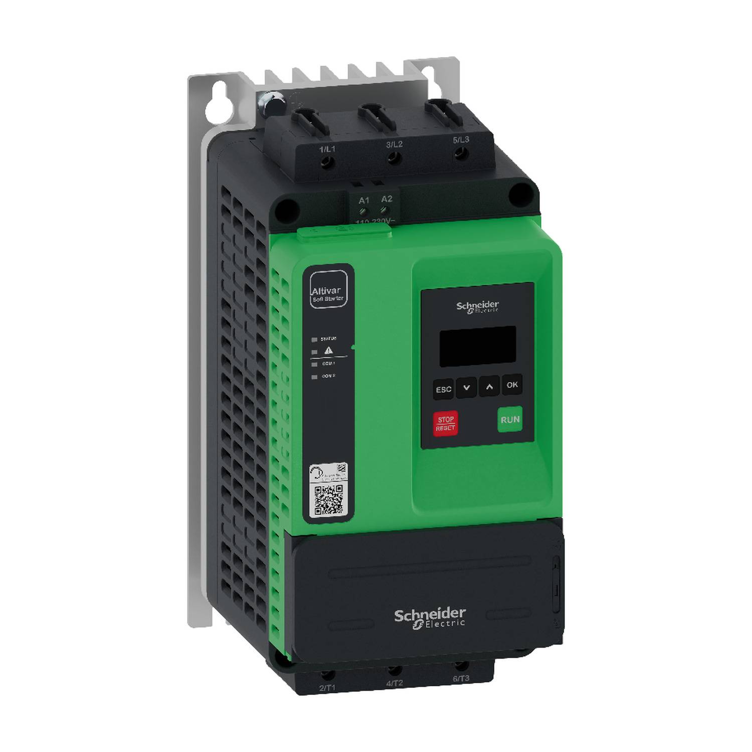 Grün-schwarzer Schneider Electric Altivar Softanlauf mit Frontsteuerfeld und Montageklammer, gezeigt auf weißem Hintergrund.