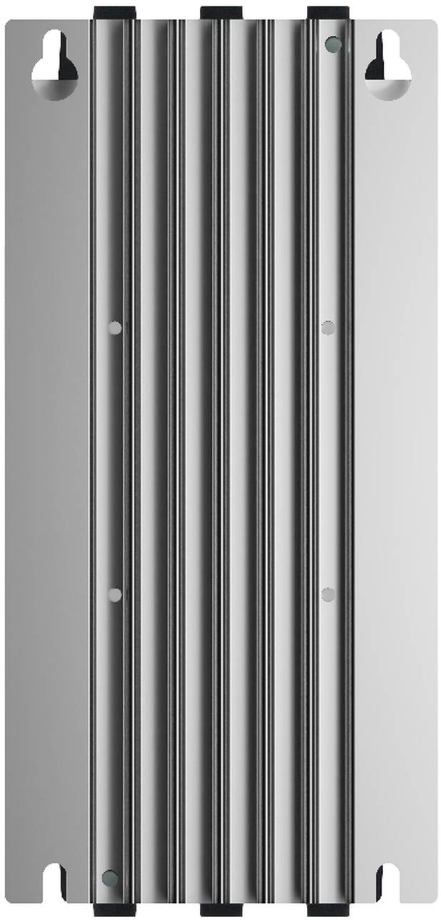 Drei vertikale Metallschienen oder Latten, die auf einem rechteckigen Silberpanel mit Schraubenlöchern oben und unten montiert sind.