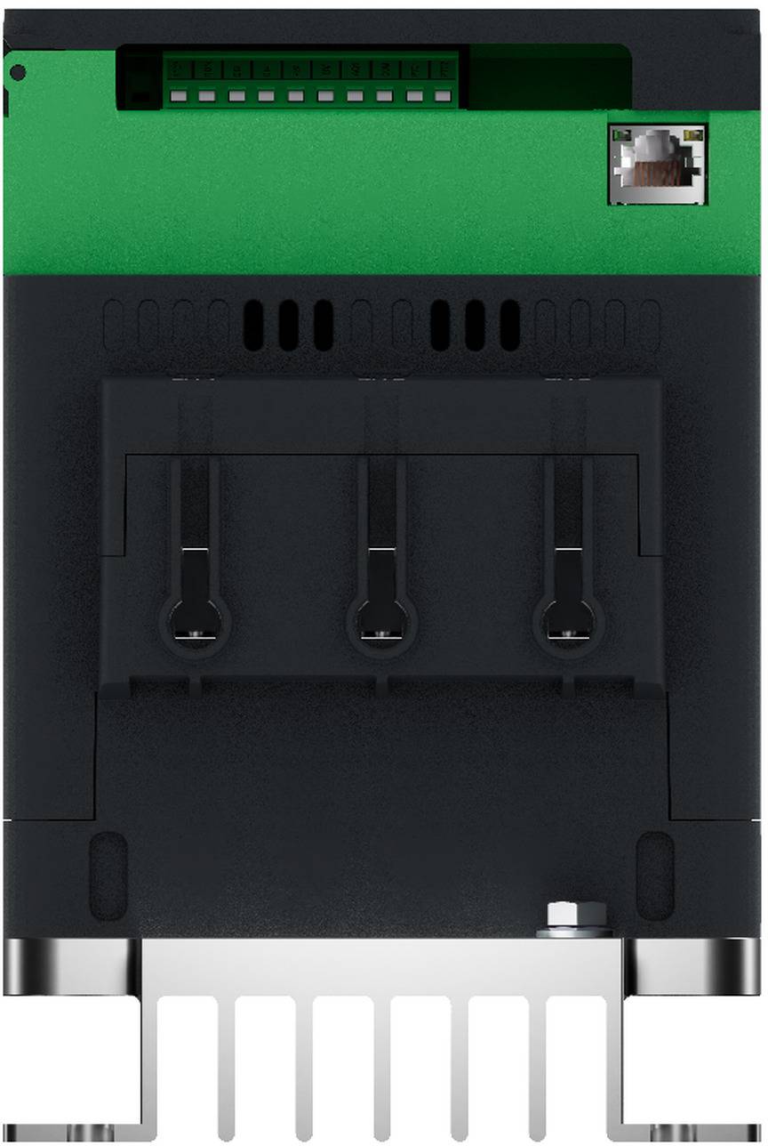 Rückansicht eines schwarzen und grünen elektronischen Geräts mit einem oberen Anschlussanschluss, einem kleinen Seitenmodul und einer Reihe von Metallkontaktstiften am unteren Ende.