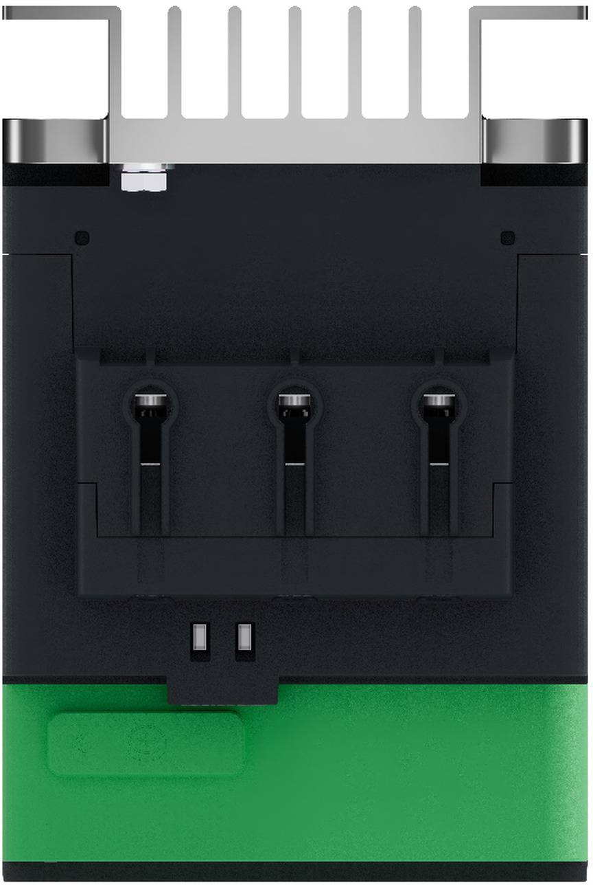 Schwarzes elektronisches Modul mit Metallverbinderstiften oben und grüner Basis, in Frontansicht vor weißem Hintergrund dargestellt.