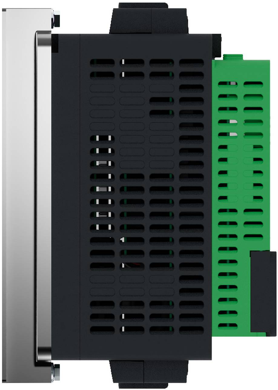 Nahaufnahme eines schwarz-grünen elektronischen Moduls mit Belüftungsschlitzen, dargestellt vor weißem Hintergrund.