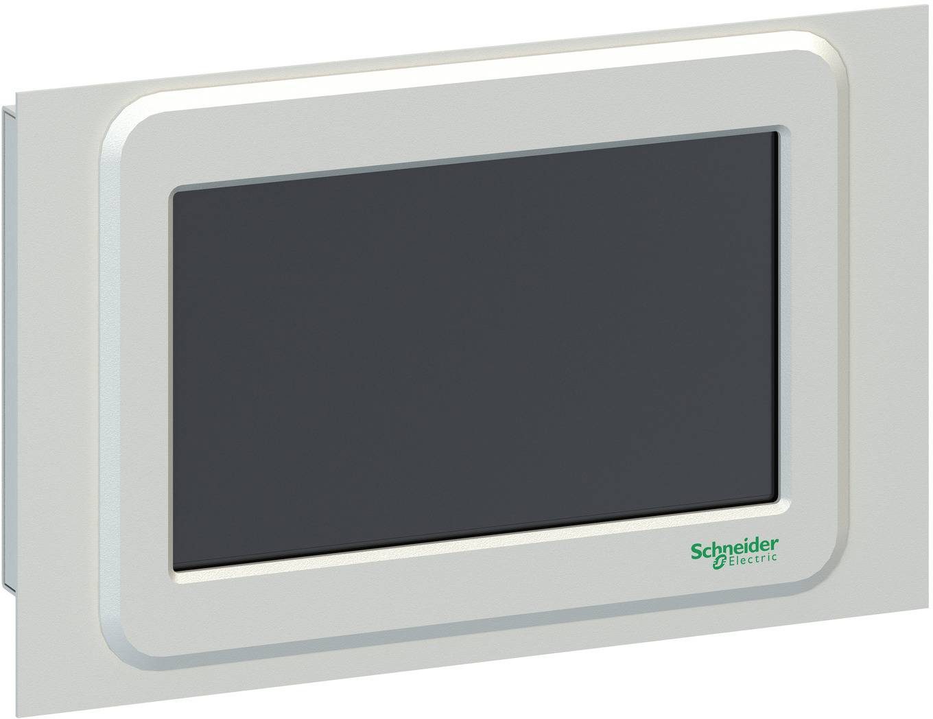 Leeres schwarzes Touchscreen-Bedienfeld in einem grauen, an der Wand montierten Schneider Electric-Gehäuse, in perspektivischer Ansicht gezeigt.