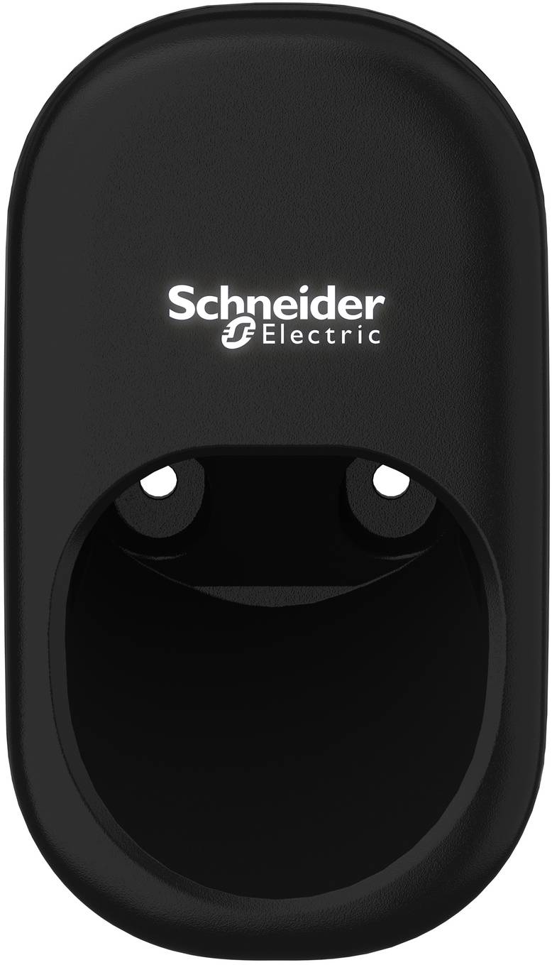 Schwarzer Schneider Electric wandmontierter Sensor oder Gerät mit zwei kleinen kreisförmigen Öffnungen in der Nähe der Oberseite und einer größeren vertieften Öffnung darunter.