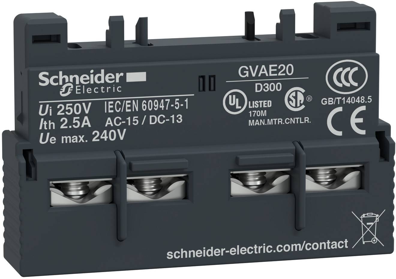 Schneider Electric GVAE20 D300 Hilfsschalterblock mit vier Schraubklemmen und elektrischen Nennwerten auf der Vorderseite aufgedruckt.