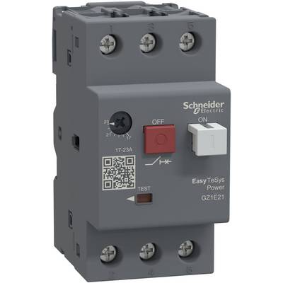 Foto eines Schneider Electric EasyTeSys Power GZ1E21 Motorschutzschalters mit EIN-/AUS-Schaltern, TEST-Taste, Einstellregler und Ansclussklemmen.