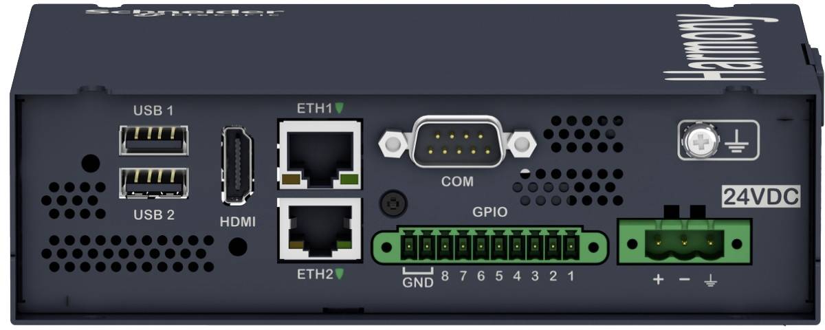 Rückseite eines Hailo-Geräts mit Anschlüssen und Beschriftungen: USB 1/2, HDMI, ETH1/ETH2, COM, GPIO, 24VDC-Stromeingang und Masseanschlüsse.