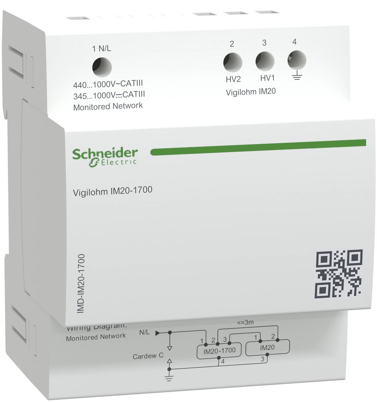 Schneider Electric VigiloHM IM20-1700 Überwachungsmodul mit N/L-, HV1-, HV2- und Erdungsanschlüssen für ein überwachtes Netzwerk.