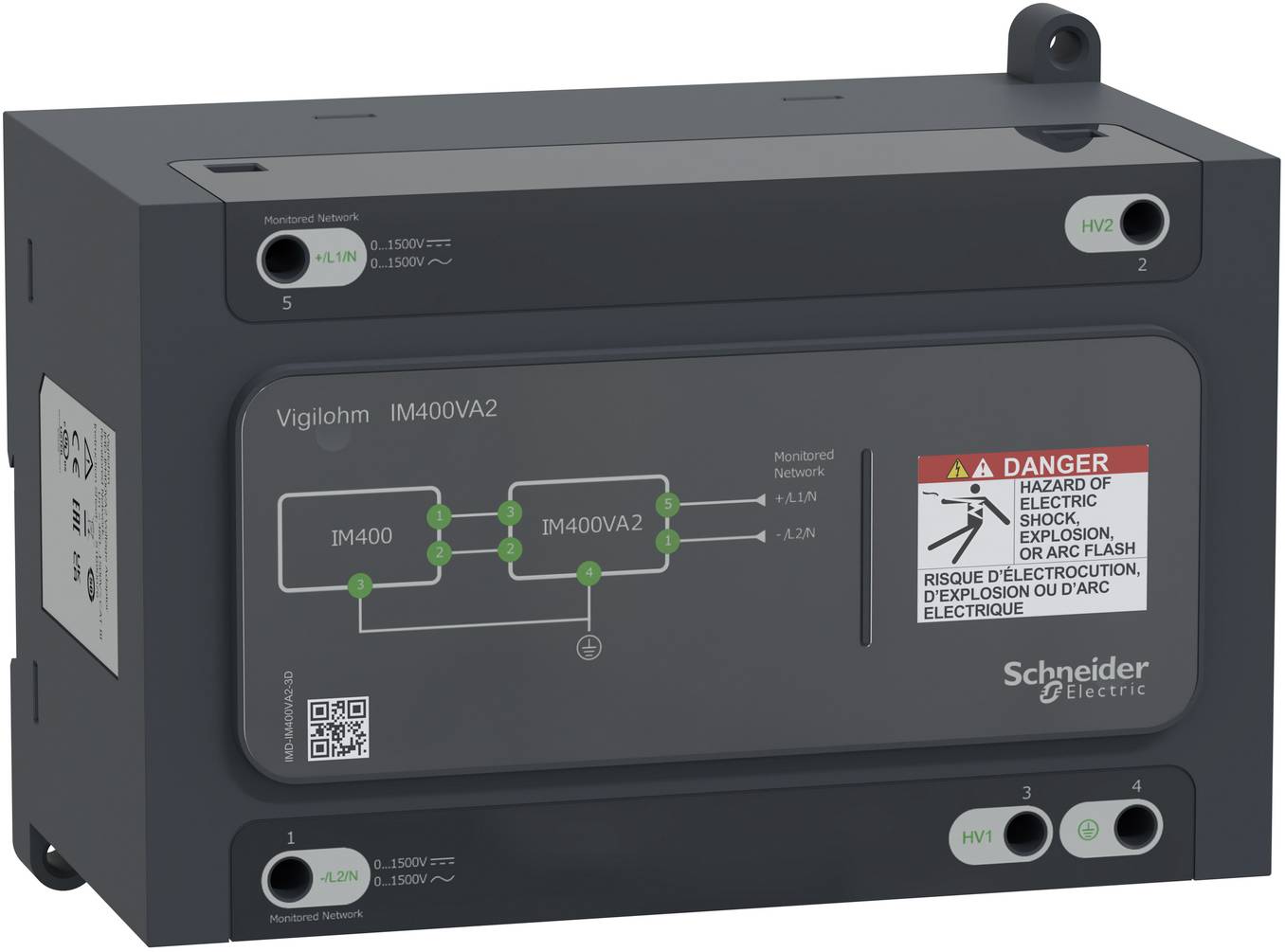 Schneider Electric VigiHOM IM400VA2 Fehlerstromschutzschalter-Modul mit mehreren Anschlüssen und einer Warnbezeichnung "Gefahr" für elektrischen Schlag.