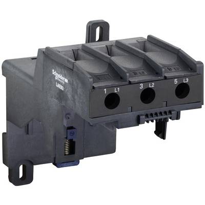 Schwarzer Schneider Electric Stromverteilerklemmenblock mit drei beschrifteten Öffnungen: 1 L1, 3 L2 und 5 L3.