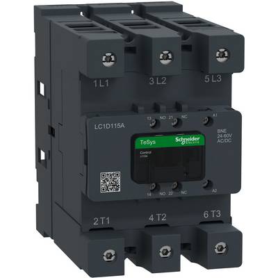 Bild eines Schneider Electric TeSys Schützes mit der Bezeichnung LC1D115A, mit Anschlüssen 1L1, 3L2, 5L3 und 2T1, 4T2, 6T3, sowie Steuerklemmen A1 und A2.