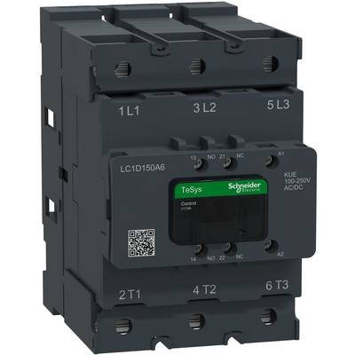 Schwarzer Schneider Electric TeSys Schütz mit beschrifteten Anschlüssen und Bedienfeld, Frontansicht auf weißem Hintergrund.