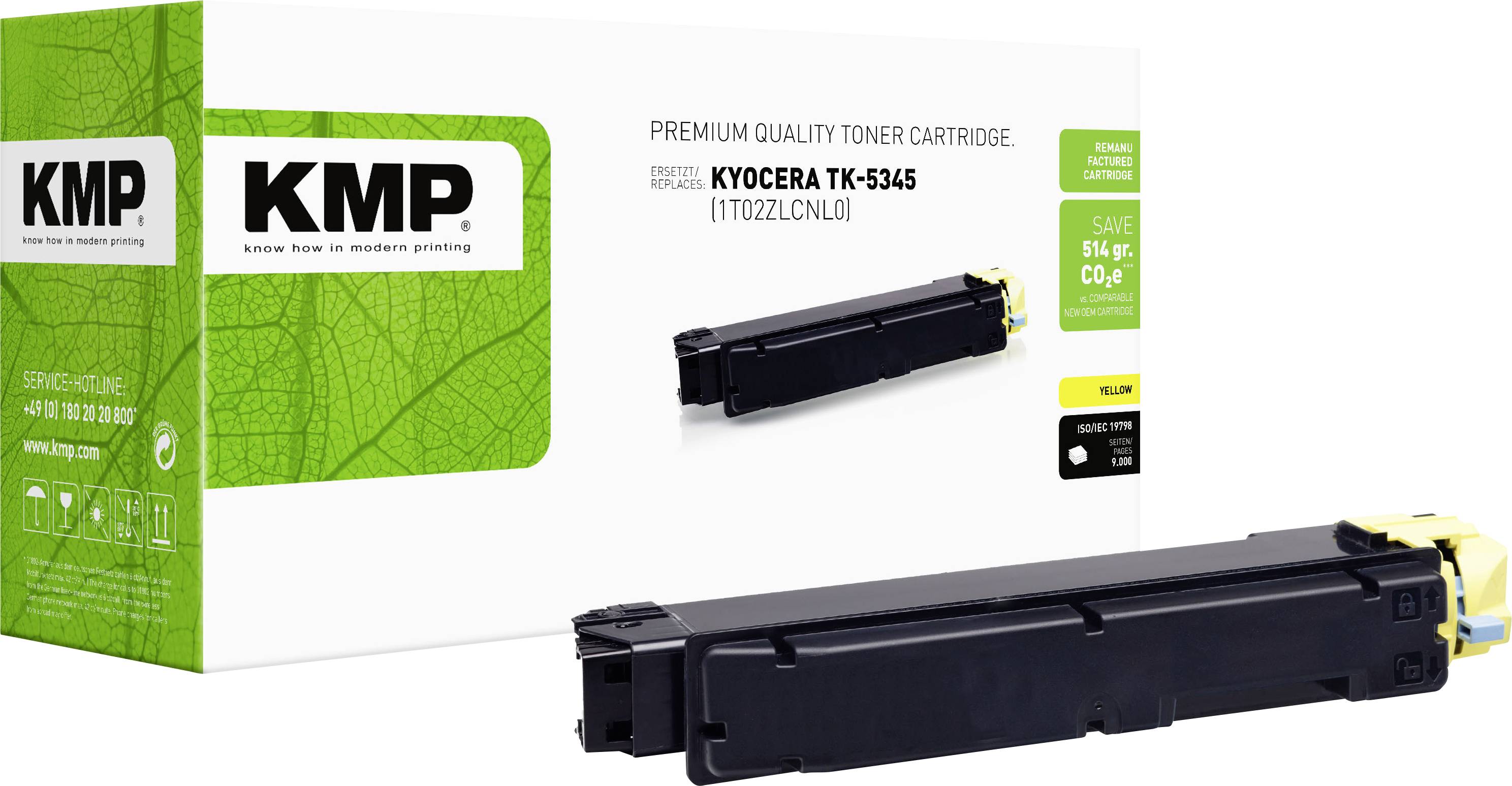 KMP Premium-Qualität Tonerpatrone für Kyocera TK-5345, abgebildet in Schwarz mit Produktverpackung und Preisspar-Etiketten.