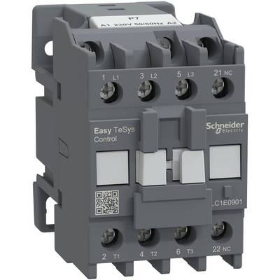 Grauer Schneider Electric Easy TeSys Schütz mit beschrifteten Anschlüssen, vorderen Druckknöpfen und QR-Code auf der Vorderseite.