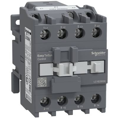 Grauer Schneider Electric Easy TeSys Schütz mit beschrifteten Schraubklemmen und vorderer Betätigungsgriff, gezeigt auf weißem Hintergrund.