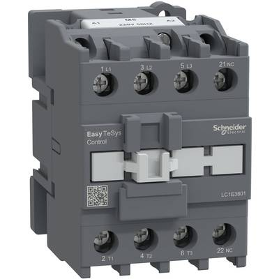Ein Schneider Electric Easy TeSys Control Schütz mit beschrifteten Klemmen und einem QR-Code, frontal auf weißem Hintergrund dargestellt.