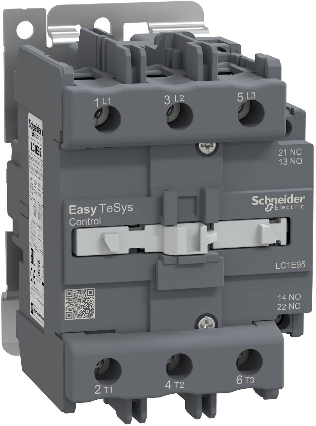 Grauer Schneider Electric Easy TeSys Schütz mit beschrifteten Anschlüssen und seitlichem QR-Code auf weißem Hintergrund.