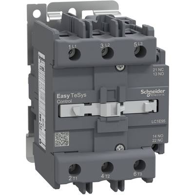 Grauer Schneider Electric Easy TeSys Schütz mit beschrifteten Anschlüssen und seitlichem QR-Code auf weißem Hintergrund.