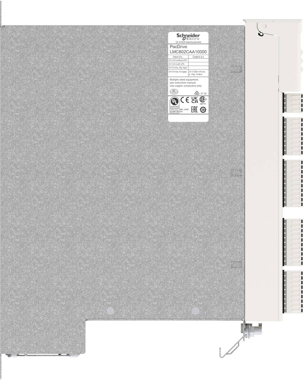 Rückansicht eines Schneider Electric PacDrive-Controller-Moduls mit grauer Metallabdeckung, Etikett und weißem Steckerfeld auf der rechten Seite.