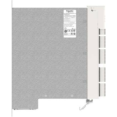 Rückansicht eines Schneider Electric PacDrive-Controller-Moduls mit grauer Metallabdeckung, Etikett und weißem Steckerfeld auf der rechten Seite.