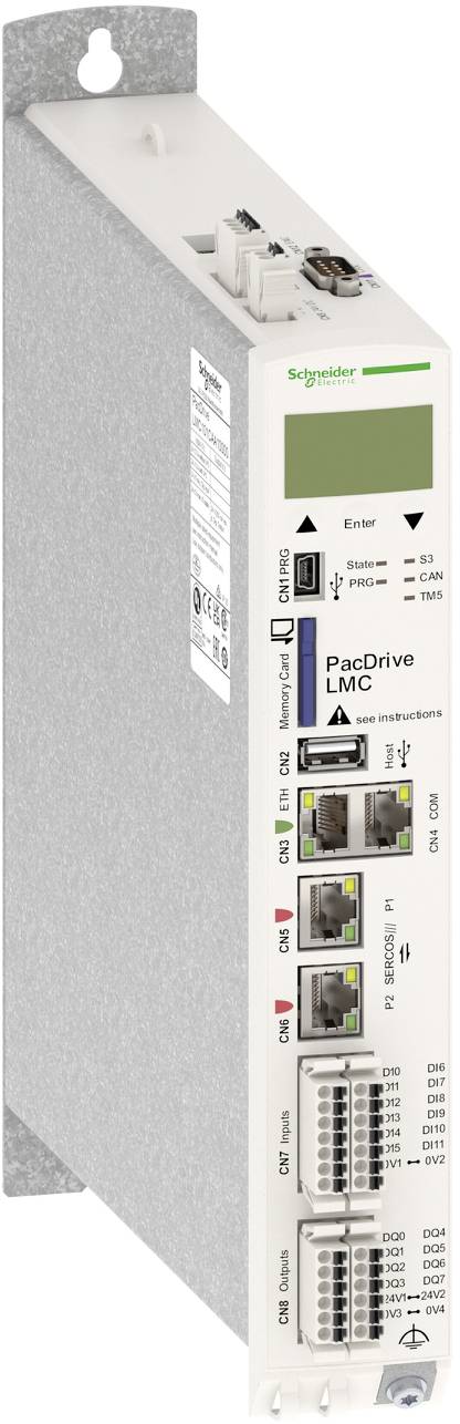 Schneider Electric PacDrive LMC Industrie-Controller-Modul mit vorderen Anschlüssen, Status-LEDs und Beschriftungsfeld.