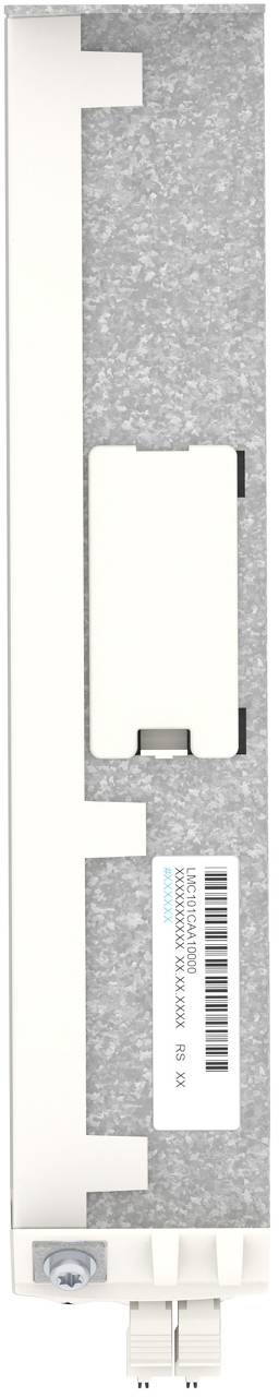 Nahaufnahme einer vertikalen elektrischen Komponente mit einem weißen Stecker am unteren Ende und einem Barcodeetikett auf einem grauen Metallgehäuse.
