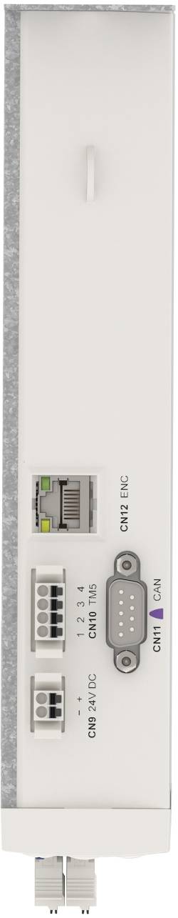Frontansicht eines schlanken weißen elektronischen Moduls mit Anschlussklemmen und Anschlüssen am unteren Ende, gekennzeichnet mit CN1, CN2, CN3 und CN4.