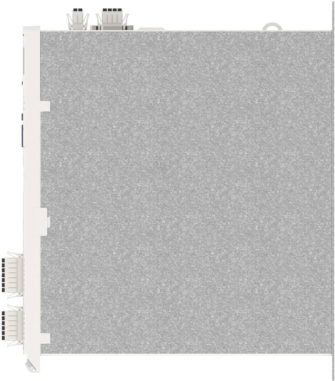 Nahaufnahme eines grauen Metallgeräte-Paneels oder Gehäuses mit elektrischen Steckverbindern entlang der linken Kante und oben.