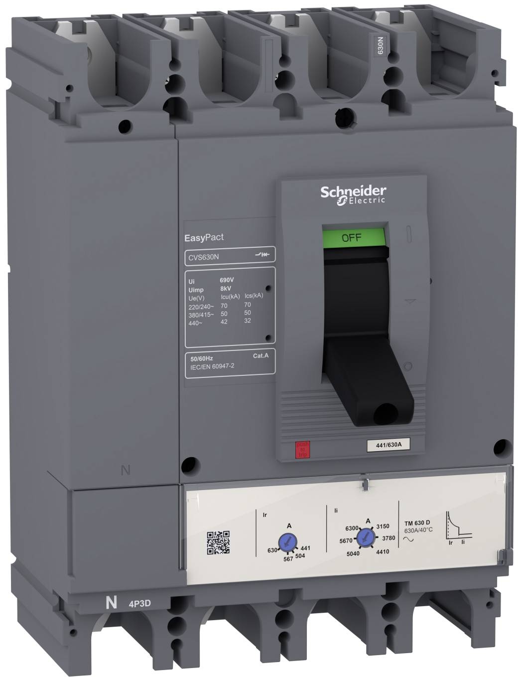 Grauer Schneider Electric EasyPact Leistungsschalter mit AUS-Schalter und Einstellreglern auf der Frontplatte.