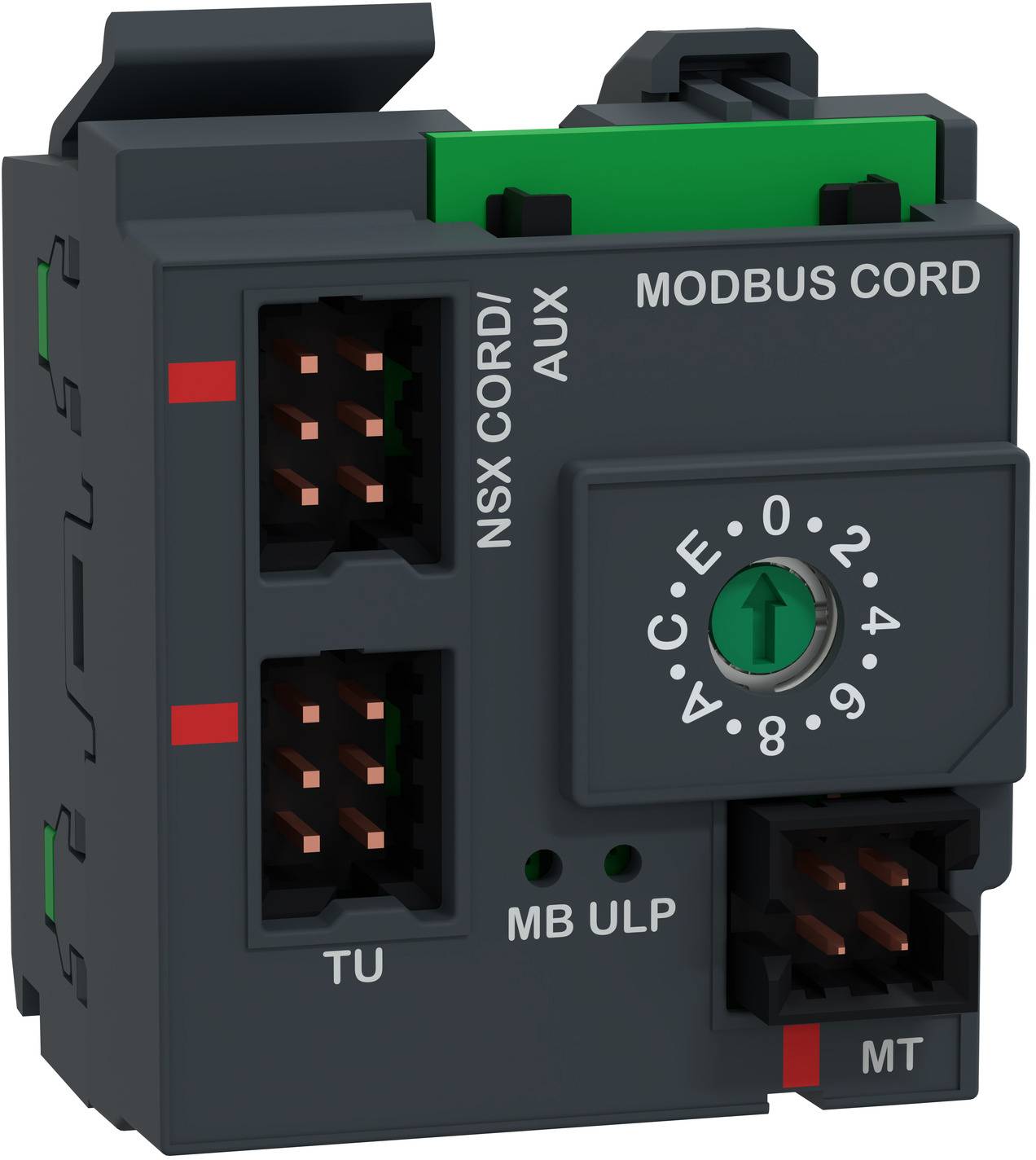 Industrielles Modbus-Kabelmodul mit drei Anschlussports und einem Drehwählschalter für die Adresseinstellung an der Vorderseite.