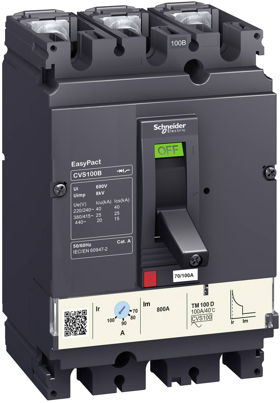 Schwarzer Schneider Electric EasyPact CVS100B-Leistungsschalter mit grünem AUS-Schalter und sichtbaren Nennwertaufklebern und Messinstrumenten.