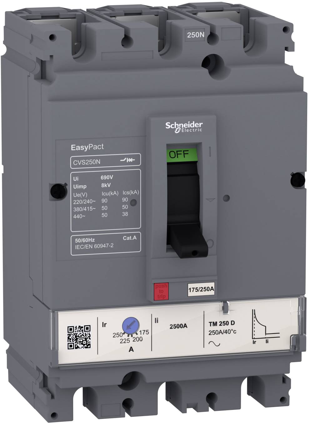 Vorderansicht eines Schneider Electric EasyPact-Leistungsschalters mit der Bezeichnung 250N, schwarzem Schalthebel und auf der Vorderseite aufgedruckten technischen Spezifikationen.