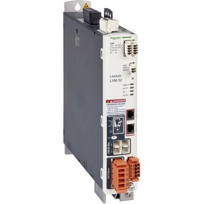 Schneider Electric Lexium LXM 52 Servoregelung mit Frontanschlüssen und Warnaufklebern auf einem schlanken Industriegerät.