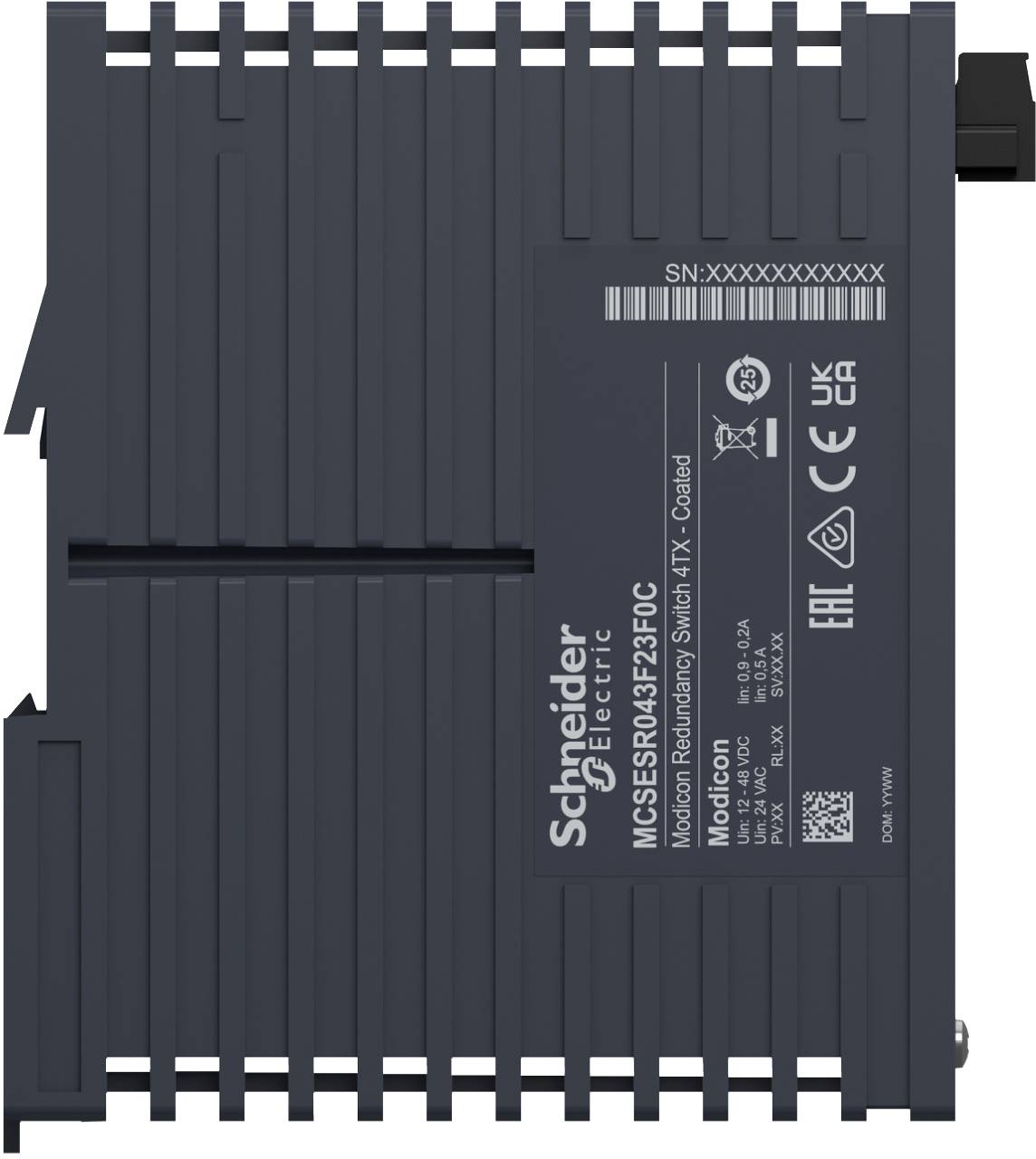 Schneider Electric Leistungsschalter mit der Bezeichnung „MCCB" mit Modell- und Zertifizierungsmarkierungen auf einem dunklen gerippten Industriegerät.