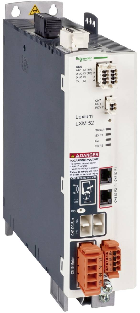 Schneider Electric Lexium LXM 52 Servoantriebsmodul mit frontseitigen Steuer- und Stromversorgungssteckern, Warnaufklebern und Status-LEDs.