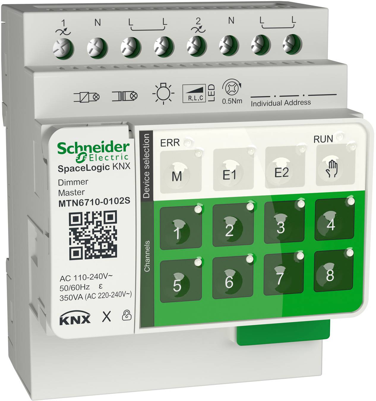 Schneider Electric SpaceLogic KNX-Dimmmodul mit gekennzeichneter Geräteauswahl, Kanaltasten 1–8, Statusleuchten und QR-Code.