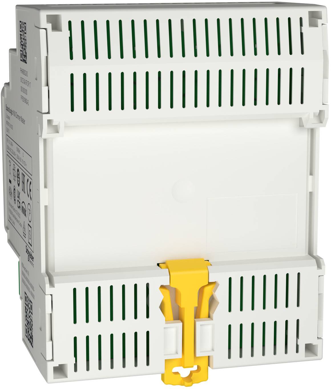 Weißes Elektrosteuermodul mit grünen Lüftungsschlitzen und einer gelben Verriegelungsklinke an der Vorderseite.