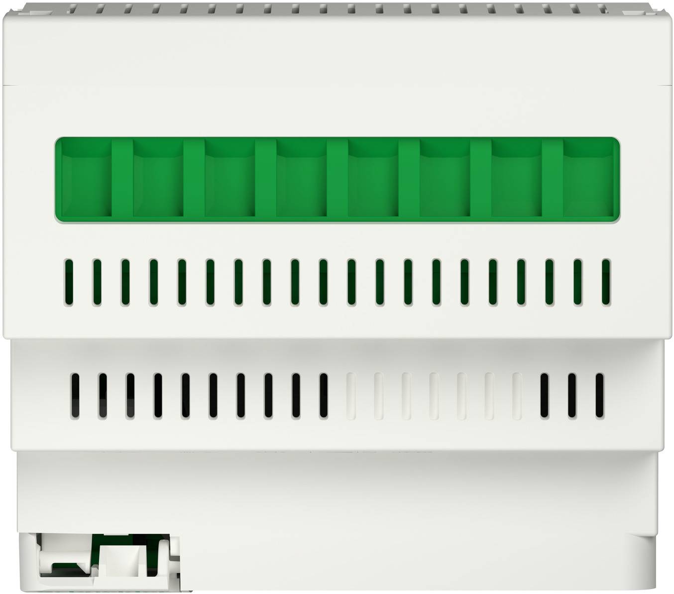 Weißes Elektrosteugerät mit grünem Anzeigefenster und mehreren Belüftungsschlitzen, Vorderansicht auf einfachem Hintergrund.