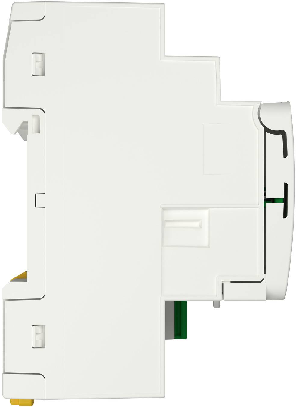 Weißes Elektroschutzschaltermodul in Seitenansicht mit hervorstehendem Bedienknopf auf der rechten Seite.