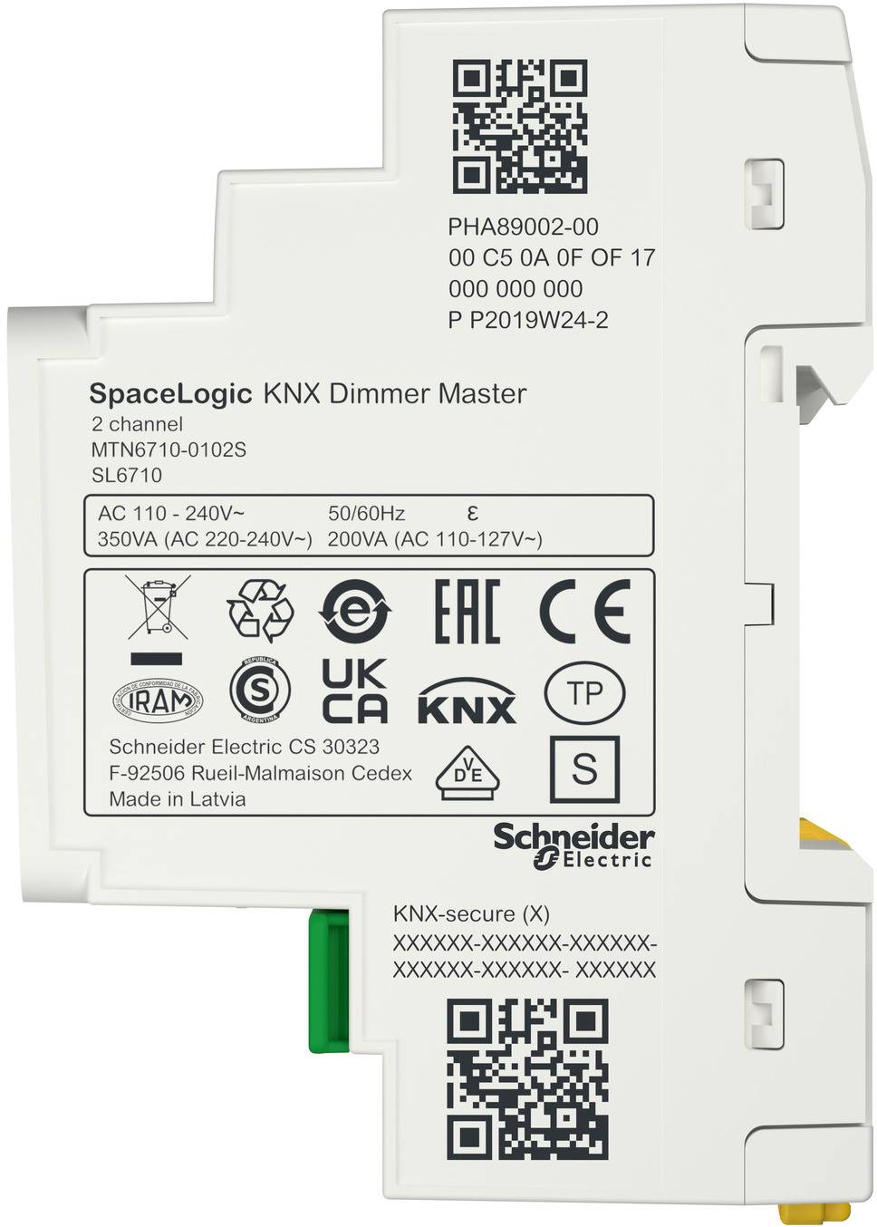 Schneider Electric SpaceLogic KNX Dimmerschalter Master 2-Kanal-Modul mit Produktkennzeichnungen, QR-Codes, elektrischen Betriebsmitteln und Zertifizierungsmarkierungen.