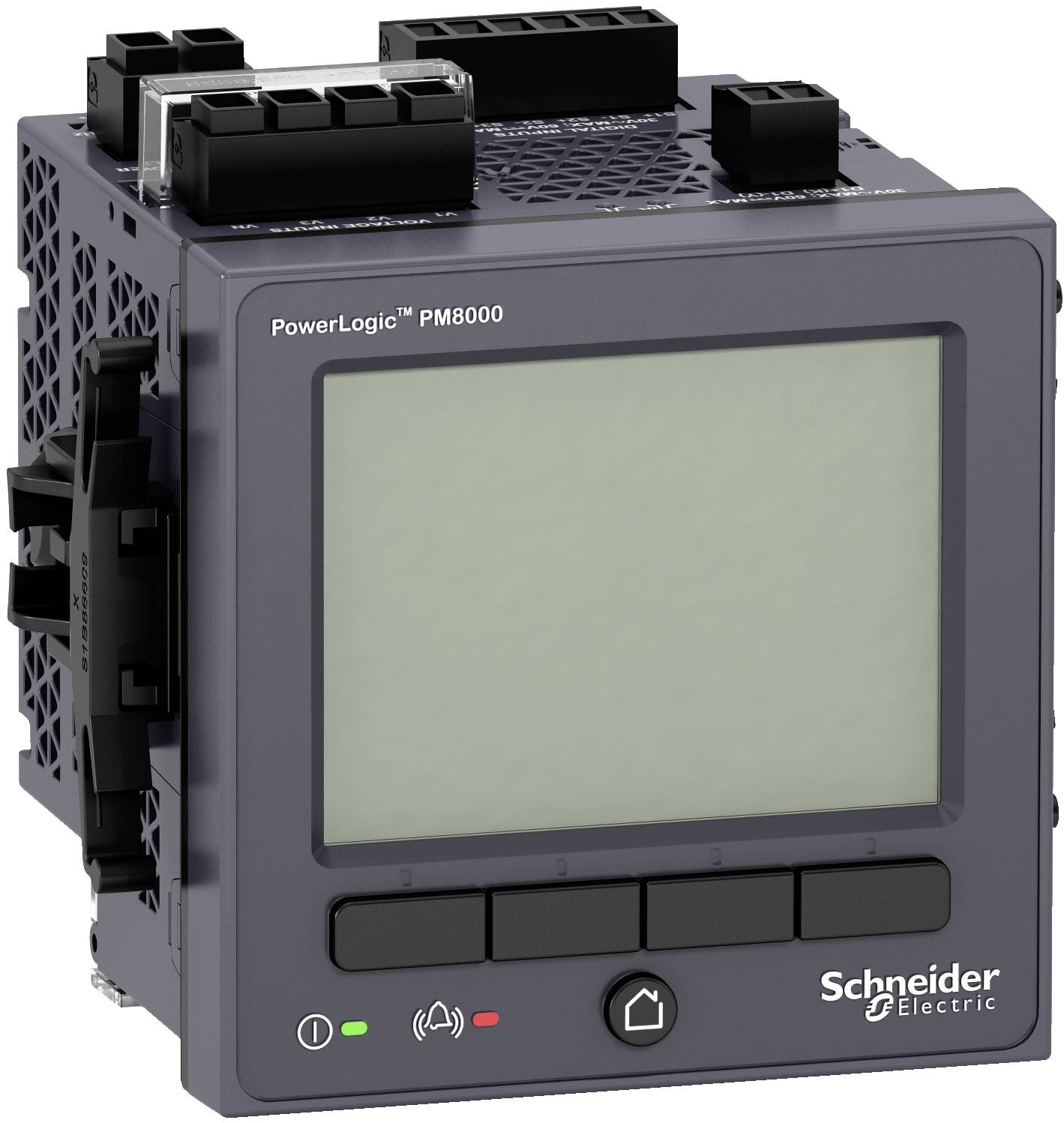Schneider Electric PowerLogic PM8000 digitales Strommessgerät mit leerer Anzeige, Frontschaltflächen und Anzeigelichtern.