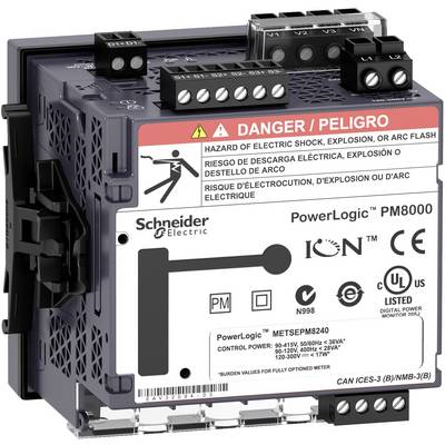 Schneider Electric PowerLogic PM8000 digitales Stromzähler mit Warnschild und Anschlussblöcken.