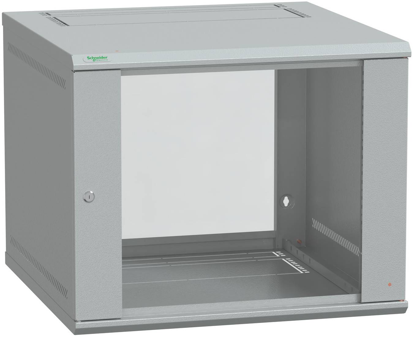 Offener grauer Gerätemöbel oder Gehäuse mit vorderer Zugangsöffnung, wahrscheinlich zur Montage von Elektronik oder Netzwerkhardware.