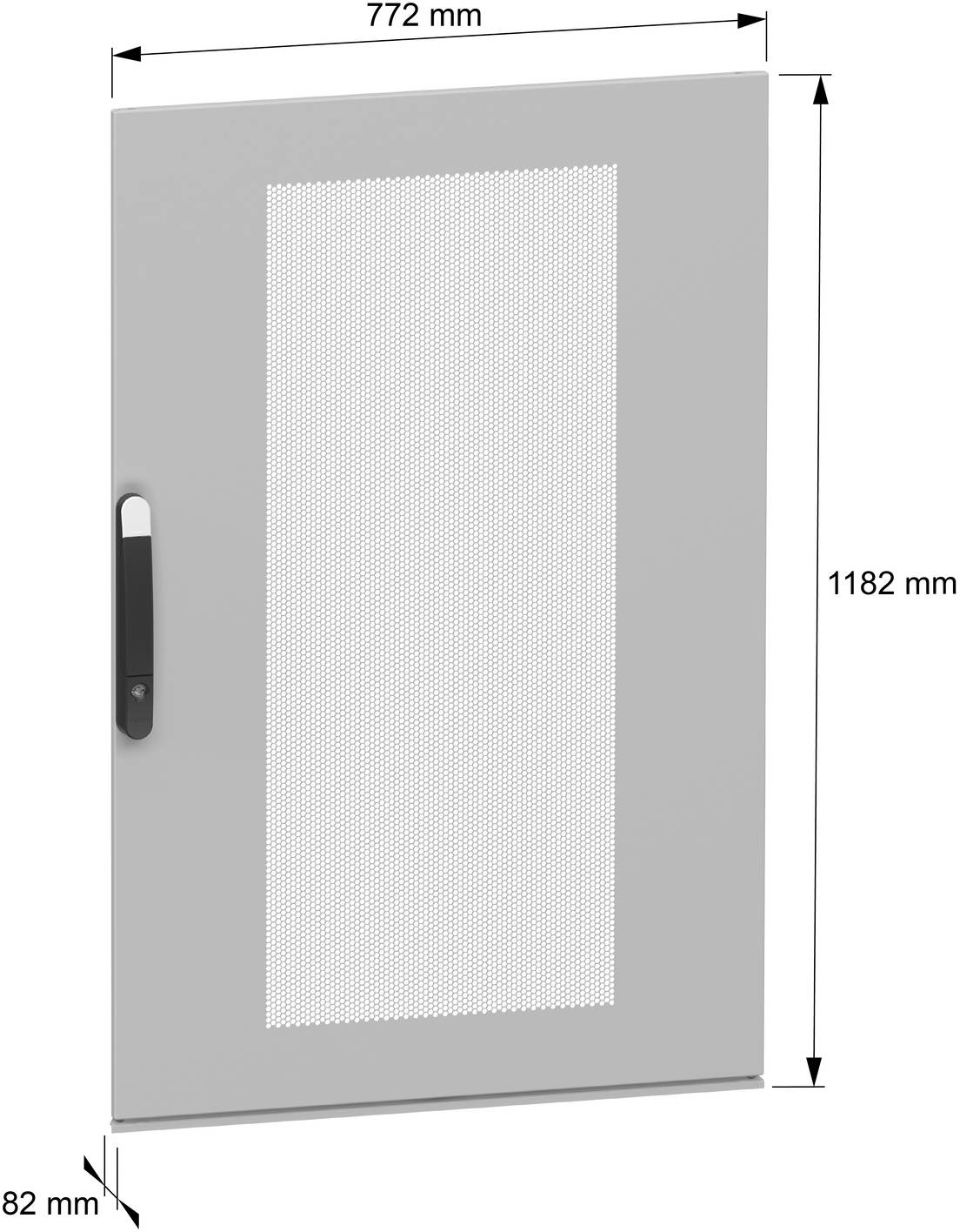 Graues rechteckiges Schrankgehäuse mit zentralem perforiertem Panel und schwarzem Griff; Abmessungen 772 mm breit, 1182 mm hoch, 82 mm tief.